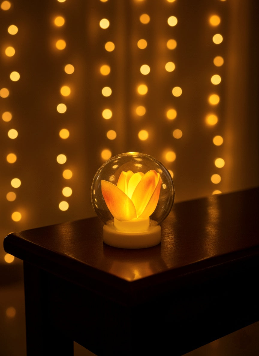 LED Lotus Night Lamp – Glass Dome Mini Light (Yellow Glow)