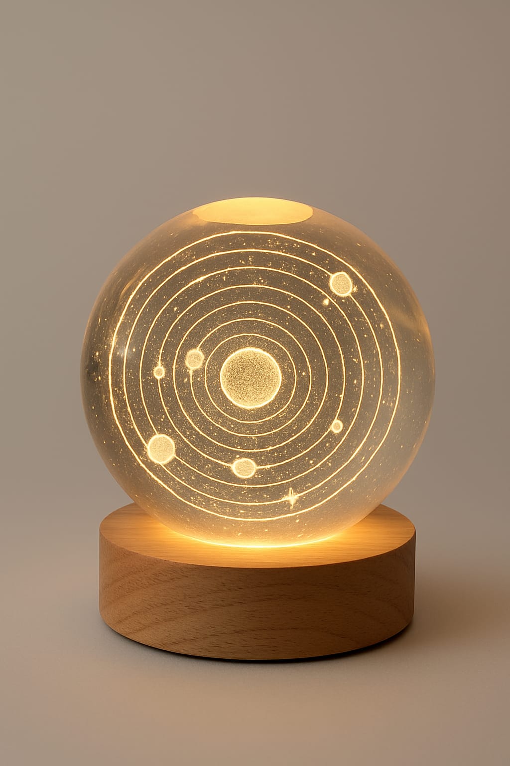 3D Solar System Crystal Ball Lamp with Wooden Base – LED Night Light